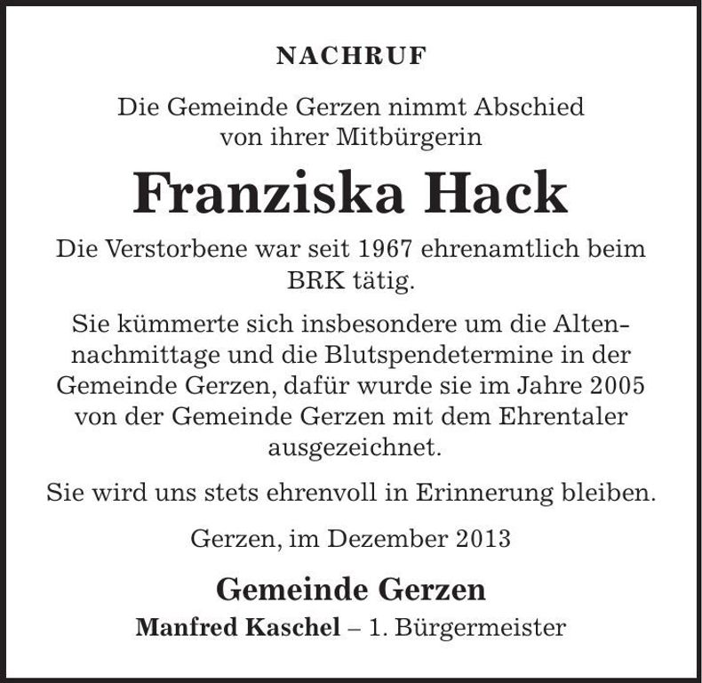 Traueranzeige Franziska Hack