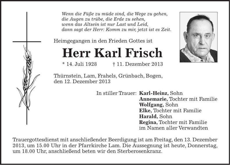 Traueranzeige Karl Frisch