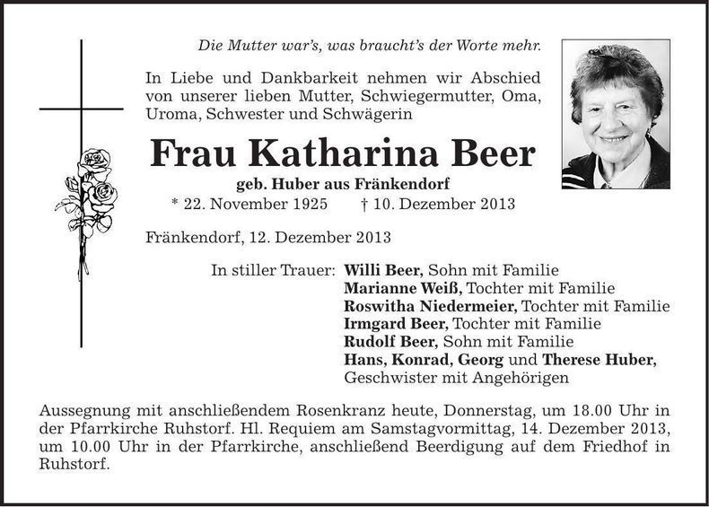 Traueranzeige Katharina Beer