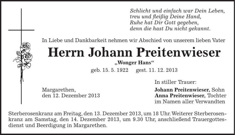 Traueranzeige Johann Preitenwieser