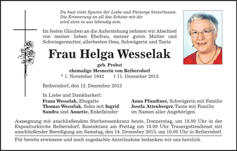 Traueranzeige Helga Wesselak
