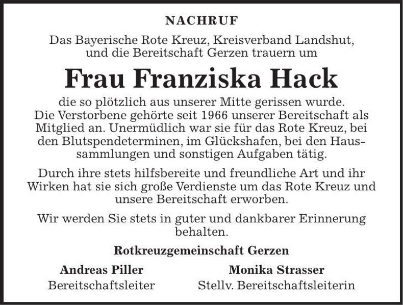 Traueranzeige Franziska Hack