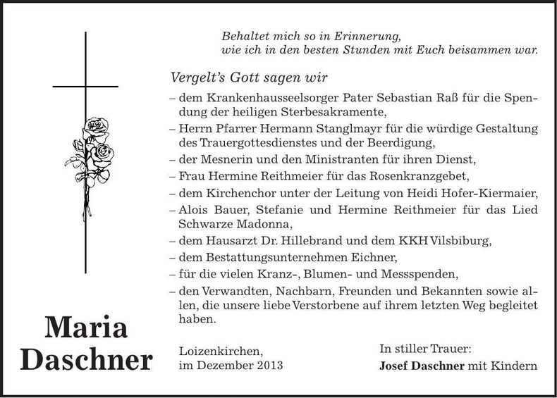 Traueranzeige Maria Daschner