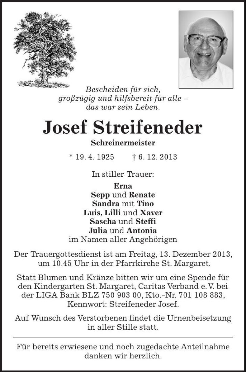 Traueranzeige Josef Streifeneder