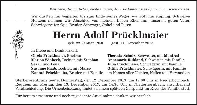 Traueranzeige Adolf Prücklmaier