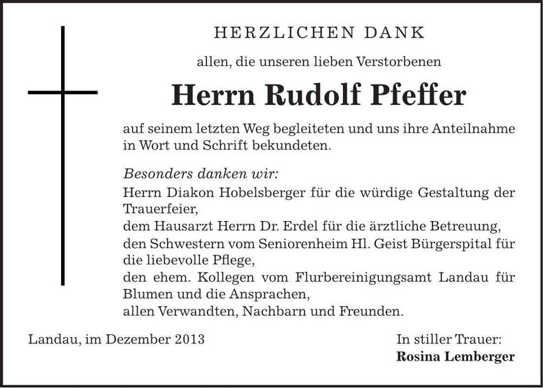Traueranzeige Rudolf Pfeffer
