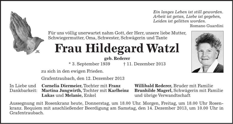 Traueranzeige Hildegard Watzl