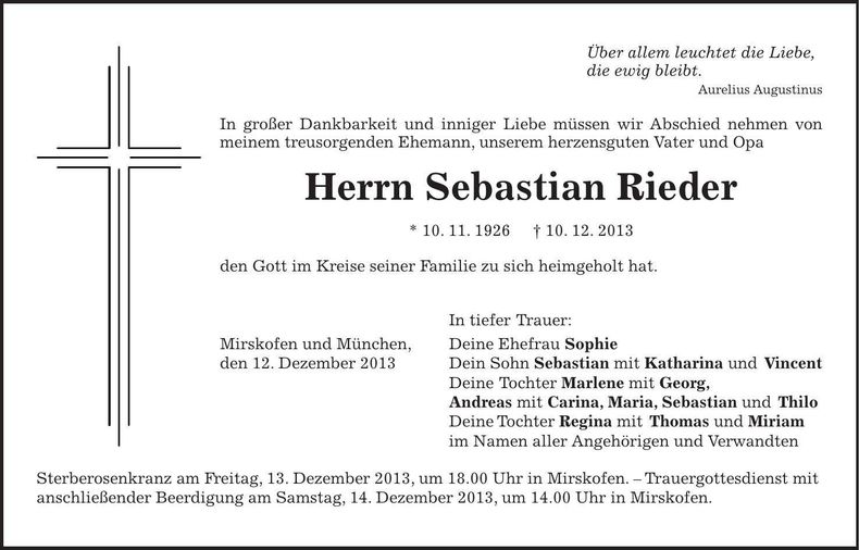 Traueranzeige Sebastian Rieder