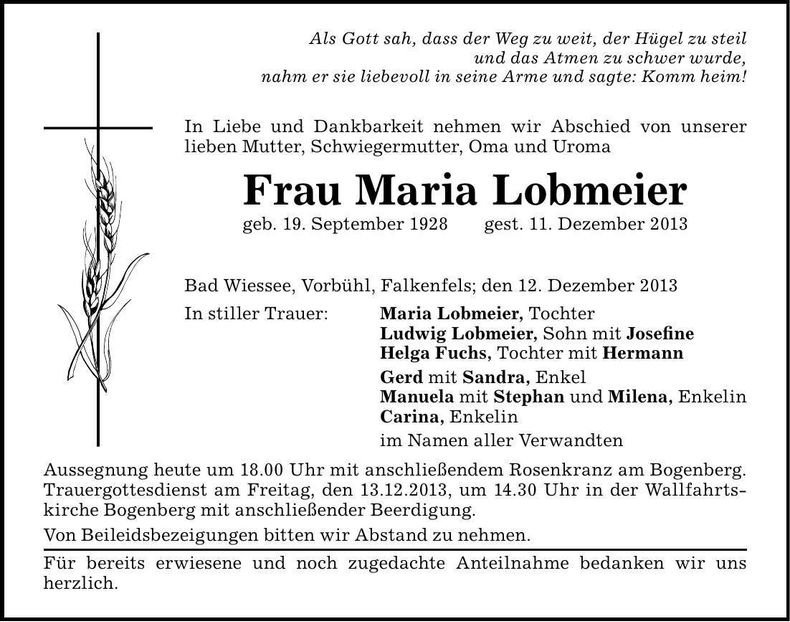 Traueranzeige Maria Lobmeier