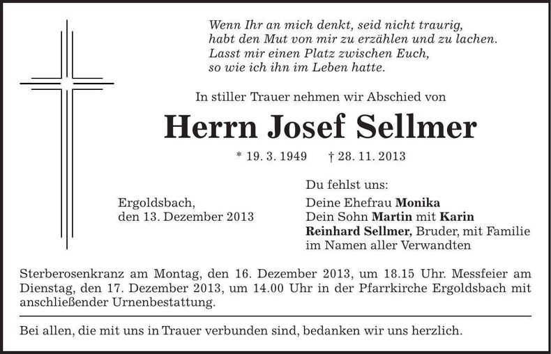 Traueranzeige Josef Sellmer