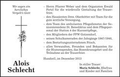 Traueranzeige Alois Schlecht