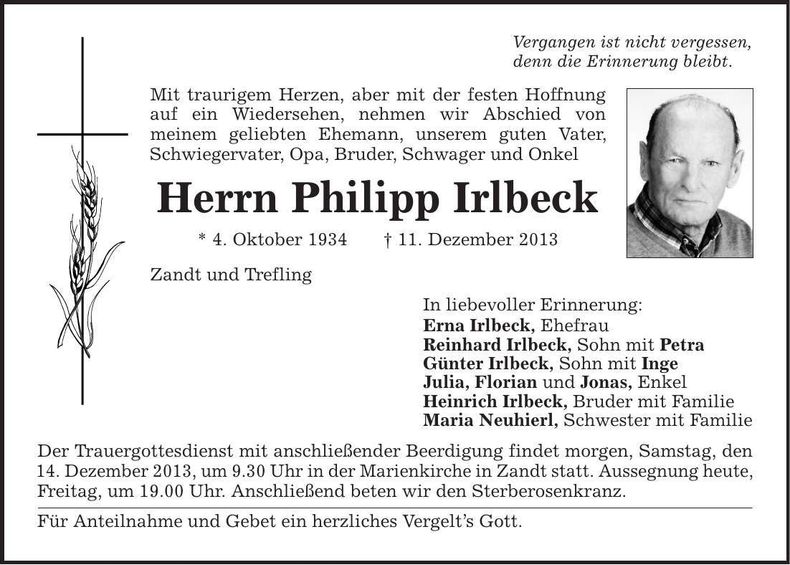 Traueranzeige Erna Irlbeck