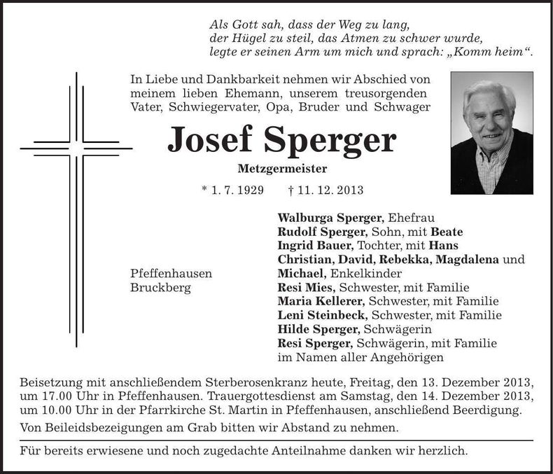 Traueranzeige Josef Sperger