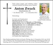 Traueranzeige Anton Zwack