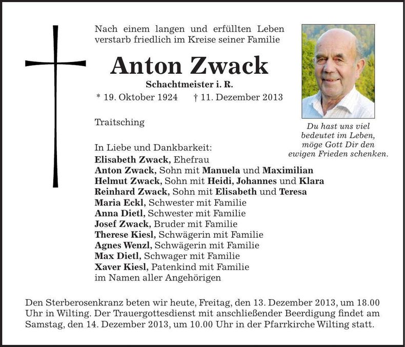 Traueranzeige Anton Zwack