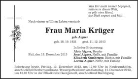 Traueranzeige Maria Krüger
