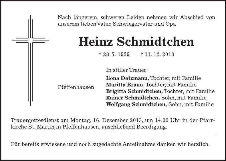 Traueranzeige Heinz Schmidtchen
