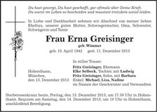 Traueranzeige Erna Greisinger