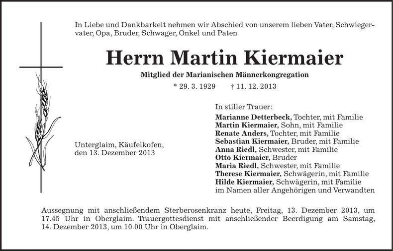 Traueranzeige Martin Kiermaier