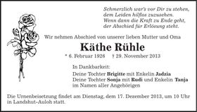 Traueranzeige Käthe Rühle