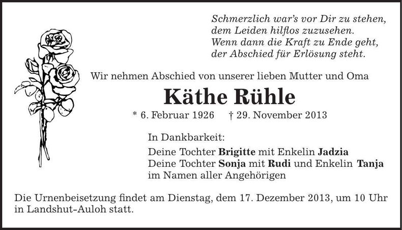 Traueranzeige Käthe Rühle