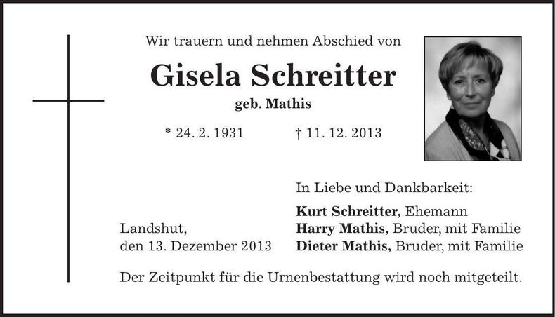 Traueranzeige Gisela Schreitter