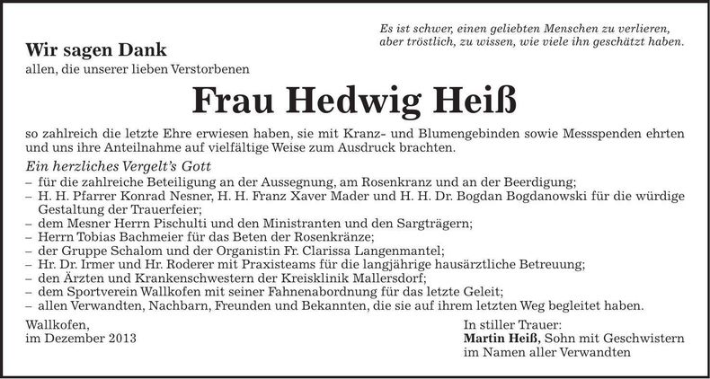 Traueranzeige Hedwig Heiß