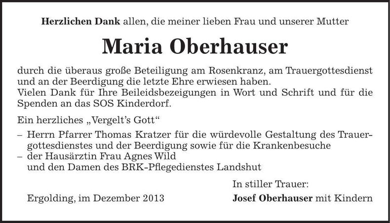 Traueranzeige Maria Oberhauser