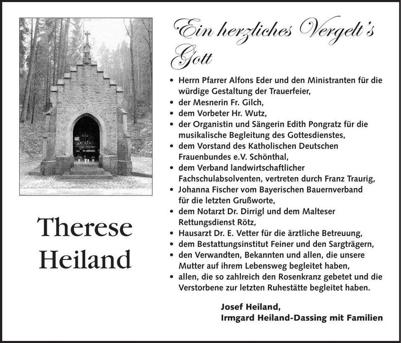 Traueranzeige Therese Heiland