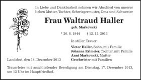 Traueranzeige Waltraud Haller