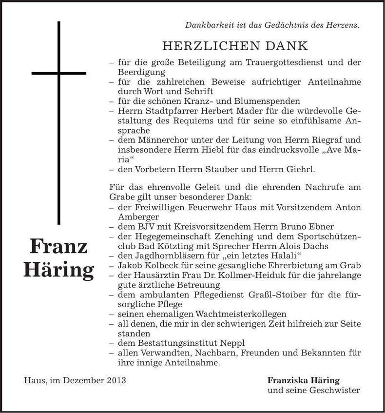 Traueranzeige Franz Häring