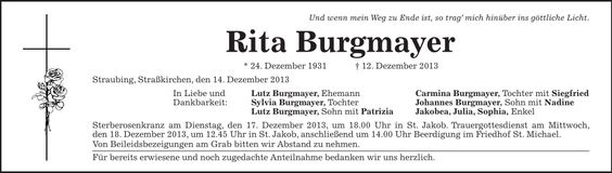 Traueranzeige Rita Burgmayer