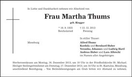 Traueranzeige Martha Thums