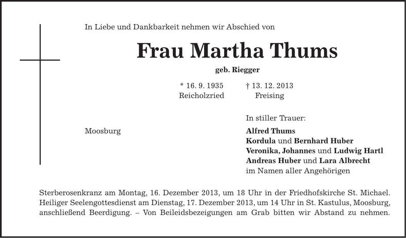 Traueranzeige Martha Thums