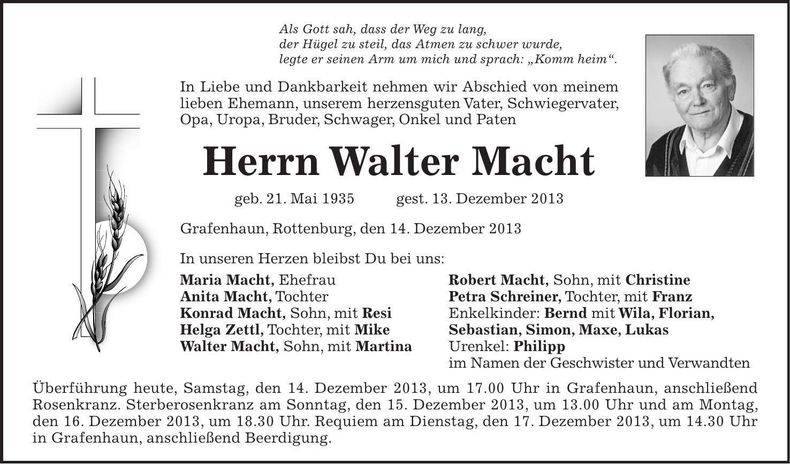 Traueranzeige Walter Macht