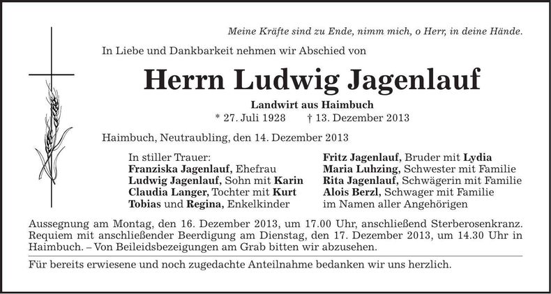 Traueranzeige Ludwig Jagenlauf