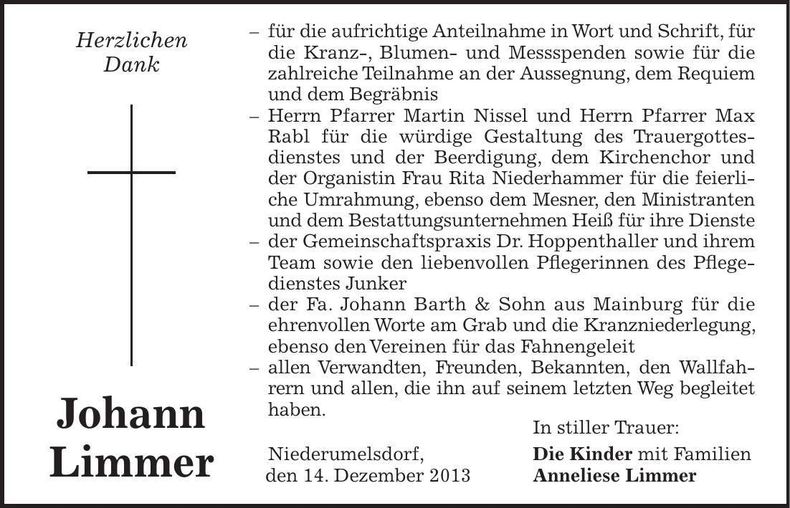 Traueranzeige Johann Limmer