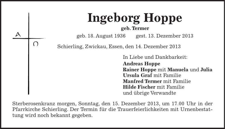Traueranzeige Ingeborg Hoppe