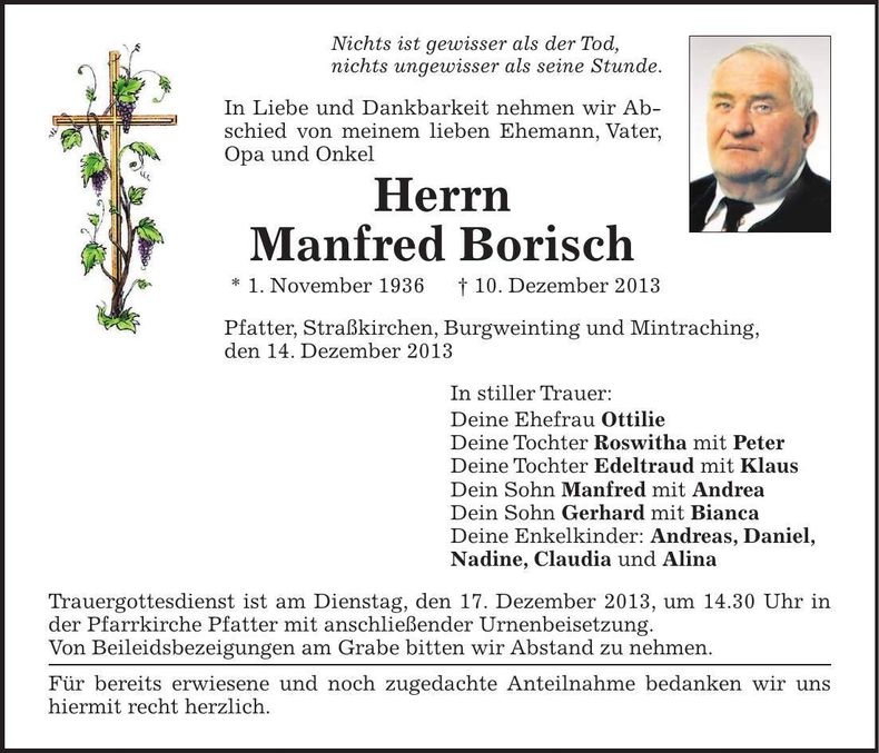 Traueranzeige Manfred Borisch