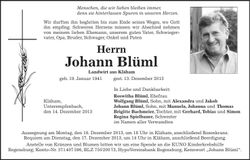 Traueranzeige Johann Blüml