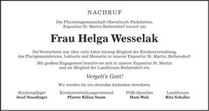 Traueranzeige Helga Wesselak
