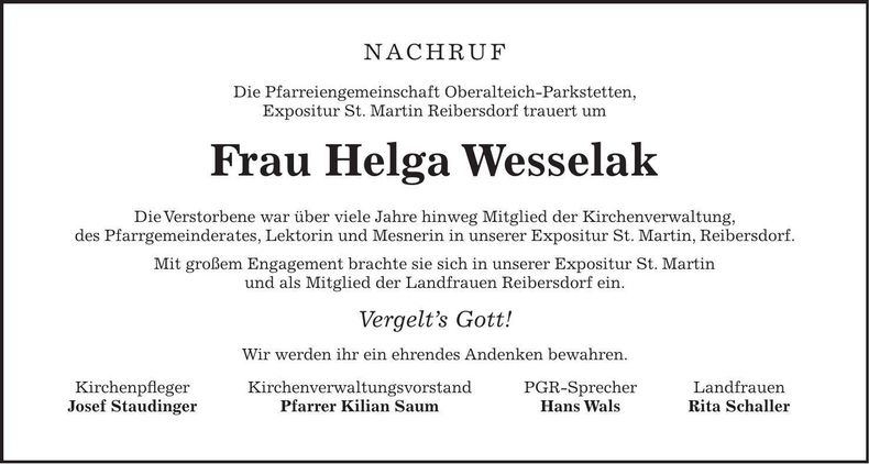Traueranzeige Helga Wesselak