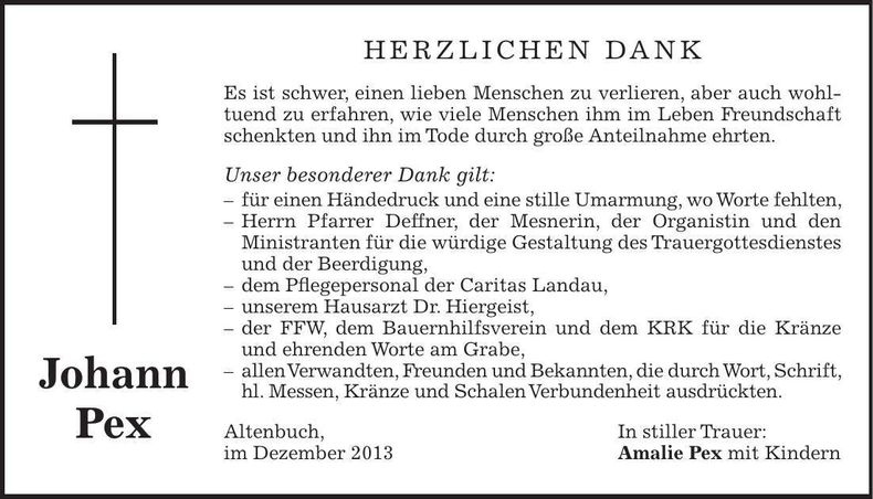 Traueranzeige Johann Pex