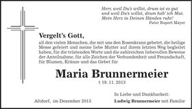 Traueranzeige Maria Brunnermeier