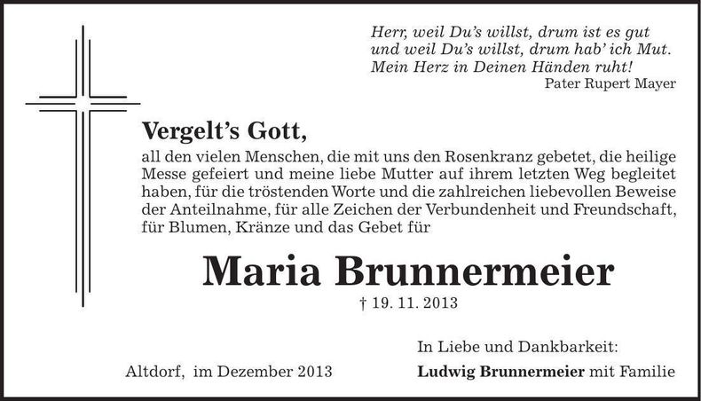 Traueranzeige Maria Brunnermeier