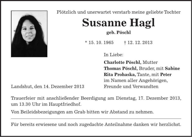 Traueranzeige Susanne Hagl