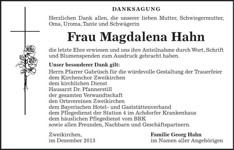 Traueranzeige Magdalena Hahn