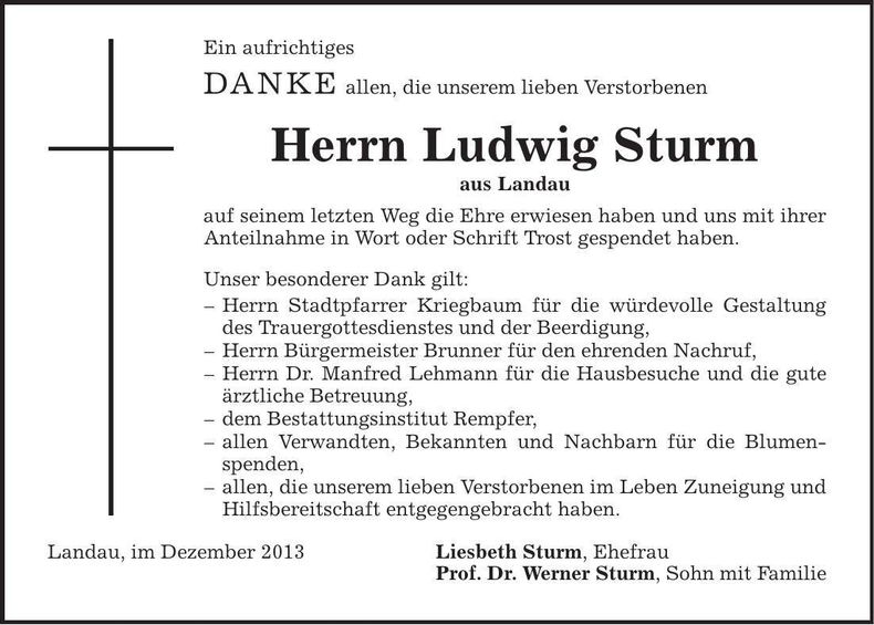 Traueranzeige Ludwig Sturm