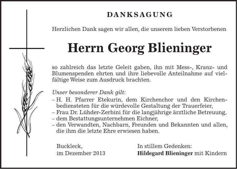 Traueranzeige Georg Blieninger