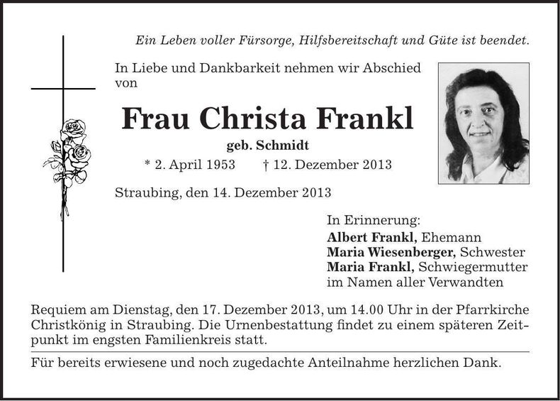 Traueranzeige Christa Frankl